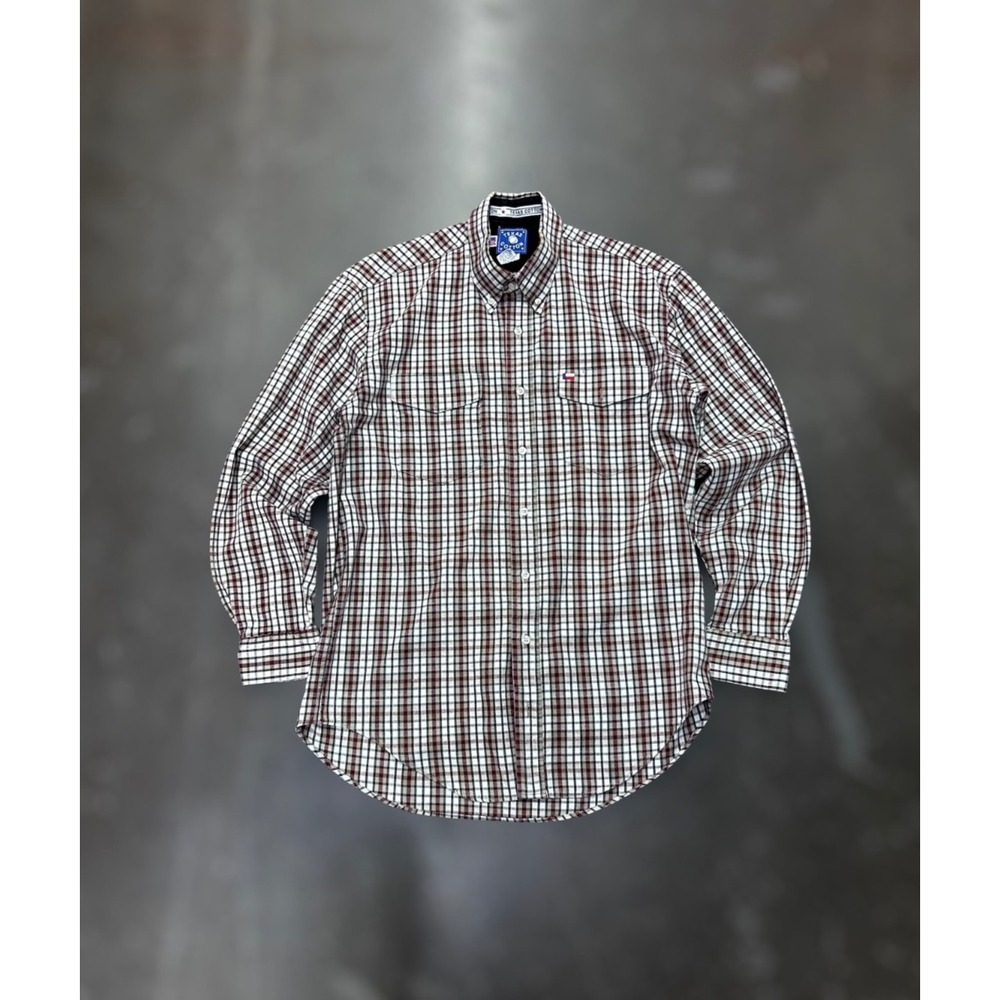 Vintage Texas Cotton Plaid Button Up Shirt Mens M Made In USA Western Cowboy